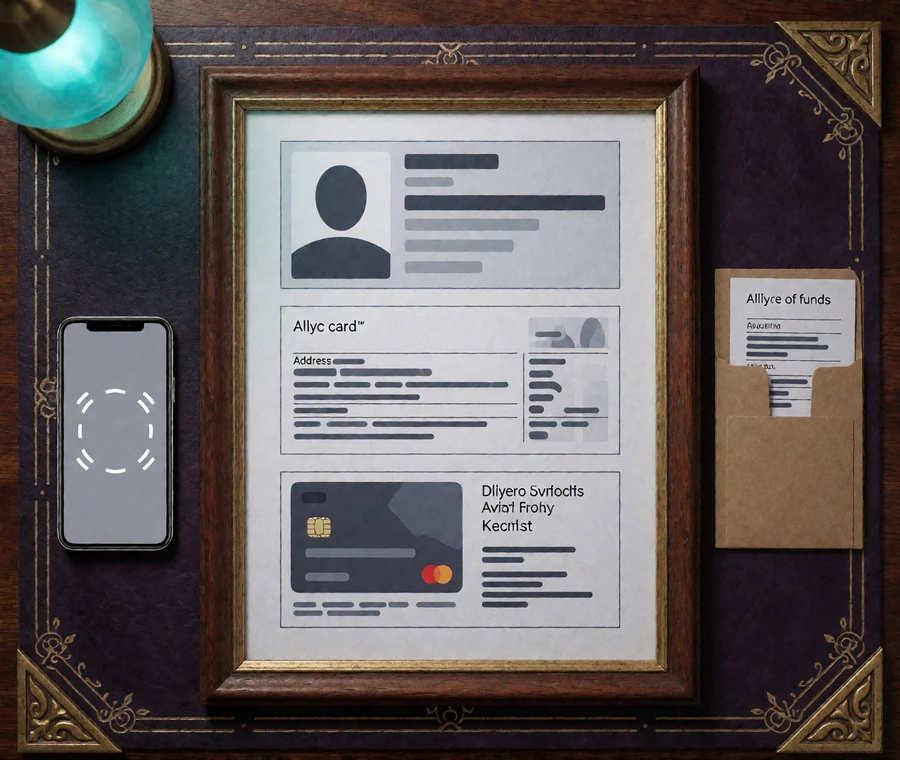 Musterunterlagen zeigen Identit&auml;ts-, Adress- und Zahlungsnachweis f&uuml;r Alawin KYC