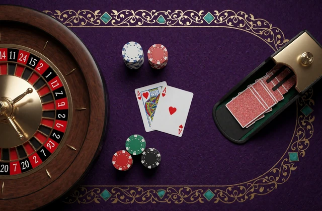 Roulettekessel, Karten und Chips stehen f&uuml;r klassische Alawin Tischspiele