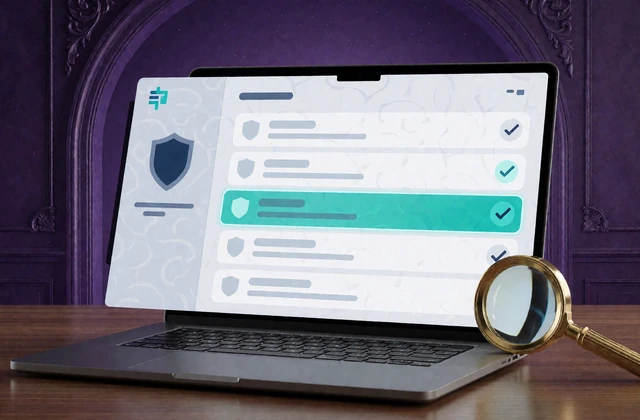 Laptop mit abstraktem Register zeigt die unabh&auml;ngige Alawin Lizenzpr&uuml;fung