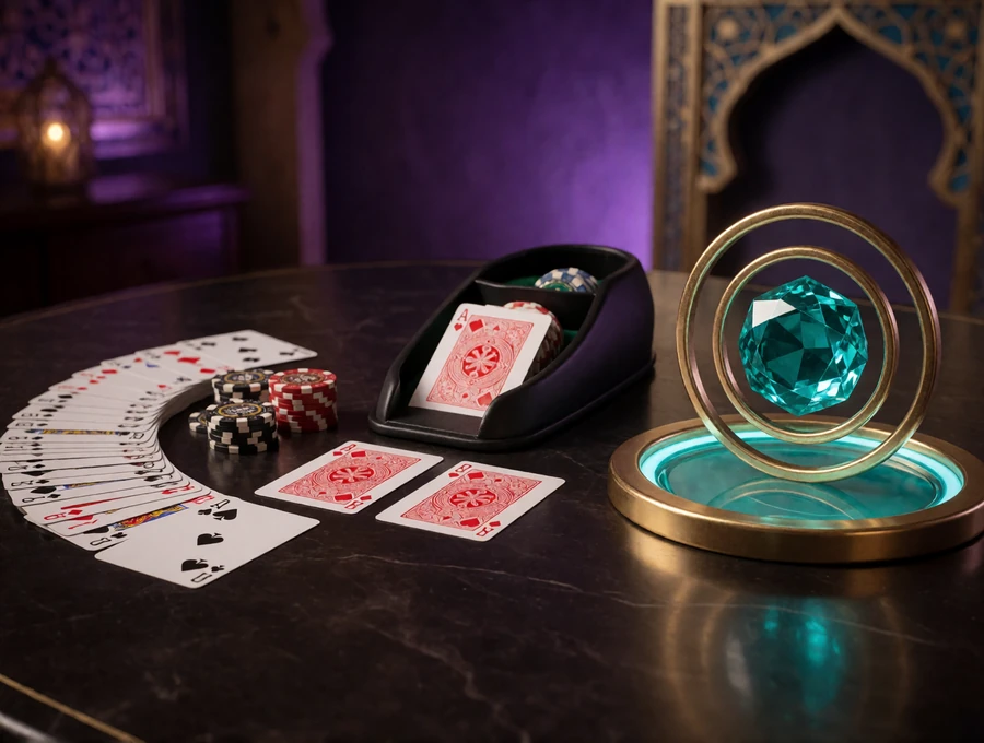 Kartendeck, Baccarat-Schlitten und Edelstein trennen Tischspiele, Kartenspiele und Jackpots bei Alawin
