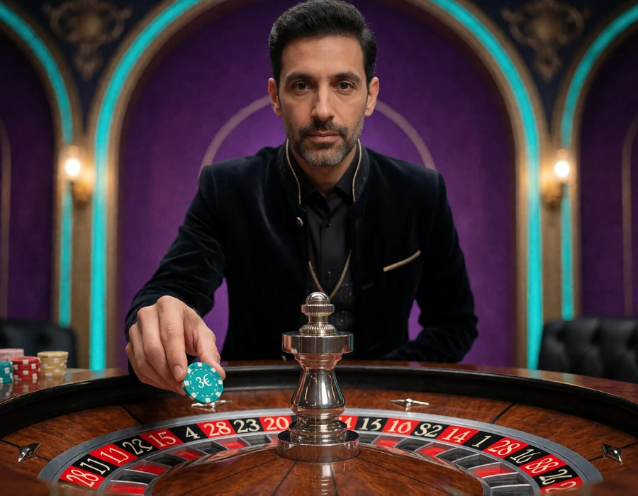 Live-Dealer hinter echtem Rouletterad zeigt einen m&ouml;glichen niedrigen Einstieg im Alawin Live Casino