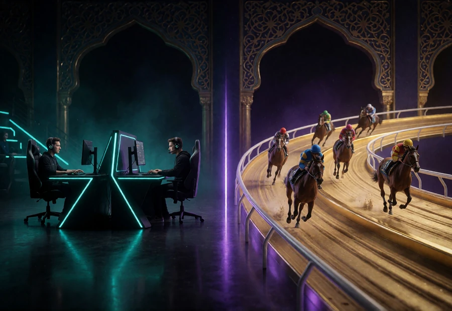 E-Sport-Arena und virtueller Rennablauf zeigen erg&auml;nzende digitale Wettkategorien neben Alawin Spielen
